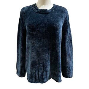 Max Studio Chenile Sweater Women Soft Velvet  Crew Neck Pullover Blue Sz S